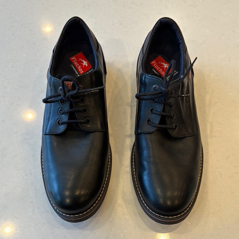 Fluchos Black Leather Oxford Shoes with Polished Finish size 45 11.5 12 new.